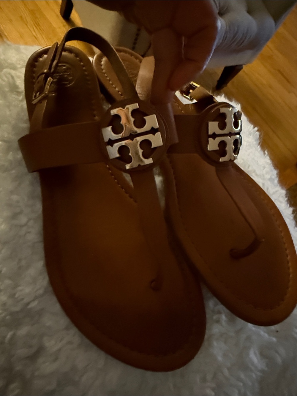 Tory Burch Tan Leather Logo Thong Sandals with Gold-Tone Emblem